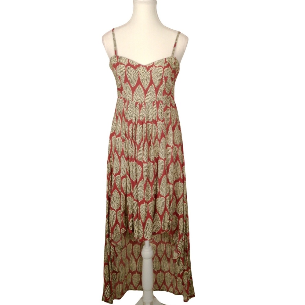 Millau Boho Maxi Dress Leaf Print Spaghetti Straps High Low‎ Red Beige Size S